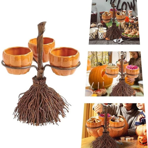 plplaaoo Halloween Bowl, Halloween Pumpkin Snack Bowl Stand, Halloween Broomstick Snack Bowl Stand, Pumpkin Snack Tray,Candy Bowl Halloween Party Favor Supplies for Snacks, Salad, Dessert