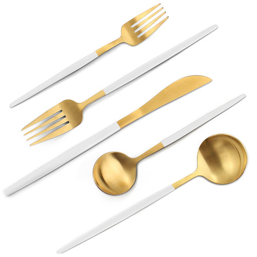 VANVRO Matte White Gold Silverware Set, 20-Piece Stainless Steel Flatware Set, Satin Finish tableware Cutlery Set, Service for 4, Home and Restaurant, Dishwasher Safe VANVRO Matte White Gold Silverware Set, 20-Piece Stainless Steel Flatware Set, Satin Finish tableware Cutlery Set, Service for 4, Home and Restaurant, Dishwasher Safe