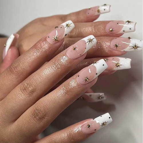 MISUD Coffin Press on Nails Long Fake Nails Glossy Glue on Nails Ballerina White French Tip Acrylic Nails 24 pcs Star and Moon Designs False Nails with 3D Rhinestone