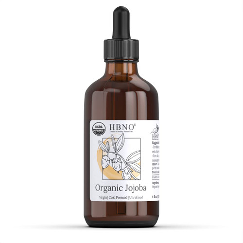 HBNO Organic Jojoba Oil - Huge 4 oz (120ml) Value Size - Natural Jojoba Oil, Cold Pressed - Perfect Carrier Oil for Massage, Aromatherapy, DIY, Soap Making, Face, Body, Lips, Hair, Nails - Jojoba Oil