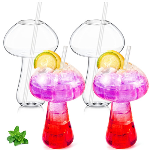 Tessco 4 Pcs Mushroom/Bird Glass Cup Creative Martini Cocktail Glass Clear Mushroom/Bird Shaped Cool Wine Glasses Novelty Drinking Glasses for Party Drinks (Mushroom)
