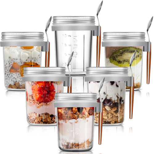 Tessco Overnight Oats Containers with Lids and Spoons Set 12 oz Glass Mason Jars Large Capacity Airtight Oatmeal Cups to Go with Measurement for Cereal Yogurt Parfait Milk Fruit Salad (6 Pieces)