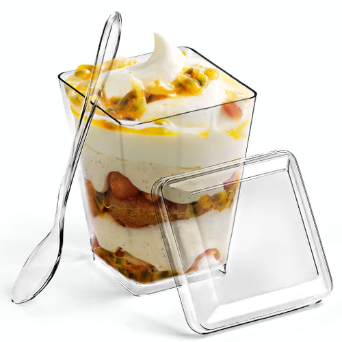 Space Away 50Pack 5oz Dessert Cups Square Parfait Cups with Lids Dessert Bowls Clear Dessert Cups with Lids & 50 Spoons for Parties & Events Mini Dessert Cups Appetizers Pudding Fruit Ice Cream Cups