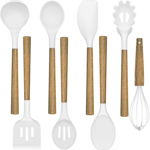 Non-Stick Silicone Kitchen Utensils Set with Natural Acacia Hard Wood Handle, Umite Chef 8 Pieces Kitchen Spatulas set, White, BPA Free, Baking, Serving and Cooking Utensils
