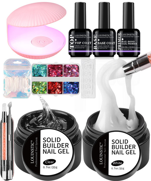LOUINSTIC Solid Builder Gel - Gel Builder for Nails Non-sticky Hard Gel Kit with UV Light (0.7oz)