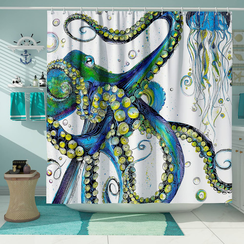DESIHOM Green Octopus Shower Curtain Set Cool Nautical Kraken Shower Curtains for Bathroom Funny Ocean Octopus Bathroom Decor Polyester Fabric-72" x 78"