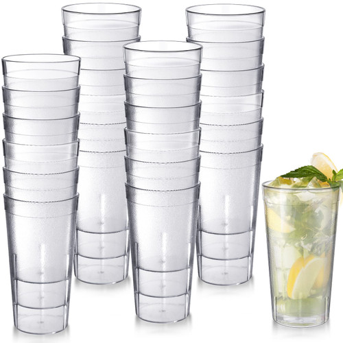 24 Pcs Plastic Tumblers Reusable Beverage Cups Stackable Restaurant Drinking Glasses with Texture Anti Slip Break Resistant for Kitchen Cafe Bar Office Supplies (Clear, 20 oz)