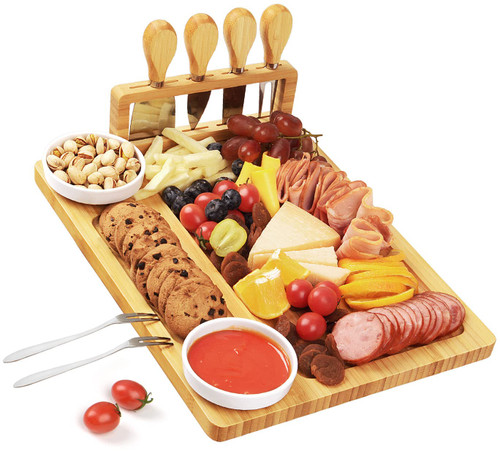 Bamboo Charcuterie Cheese Board Set - Serving Meat Cheese Platter, Charcuterie Board Set with 4 Stainless Steel Cheese Knife, Ideal for Parties, Wedding, Housewarming Bamboo Charcuterie Cheese Board Set - Serving Meat Cheese Platter, Charcuterie Board Set with 4 Stainless Steel Cheese Knife, Ideal for Parties, Wedding, Housewarming