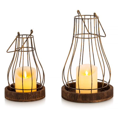 Sziqiqi Decorative Lantern for Farmhouse Metal Black Lanterns Cloche Set of 2 Rustic Retro Candle Holder Cage Lanterns for Home Decor Fireplace Mantel