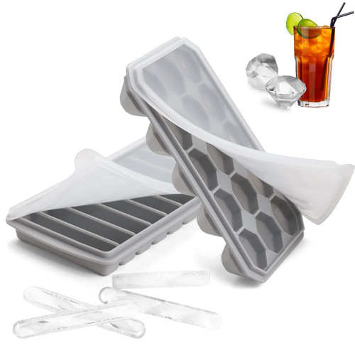Ice Cube Trays for Freezer 2 Pack - Silicone Diamond Ice Cube Tray & Narrow Ice Stick Cube Trays, Easy-Release Stackable Ice Cube Tray with Lid