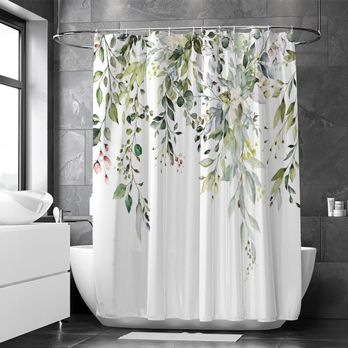 Muuyi Shower Curtain, Waterproof Green Shower Curtain for Bathroom, Floral Plant Leaf Shower Curtain with 12 Hooks 72 x 72 Inches