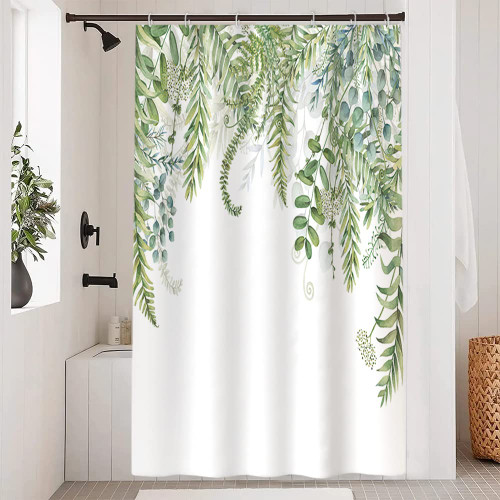 LFEEY Eucalyptus Shower Curtain, Spring Green Plant Leaves Shower Curtain Set for Bathroom Waterproof Fabric Watercolor Botanical on The Top Bathroom Decor with Hooks, 48x72 Inch