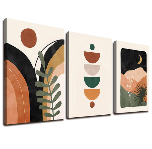 Orange Minimalist Boho Wall Art Geometry Neutral Abstract Art Modern 3 Pieces Stretched and Framed Artwork HD Pictures Canvas Prints Wall Art for Bedroom Office Home Bathroom Wall Decor 12"x16"x3