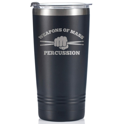 Onebttl Funny Drummer Gifts For Men, Male, Him - Weapons of Mass Percussion - 20 oz/590 ml Stainless Steel Insulated Tumbler with Straw, Lid -Music Lover Musical Themed Musician Gift - (Black)
