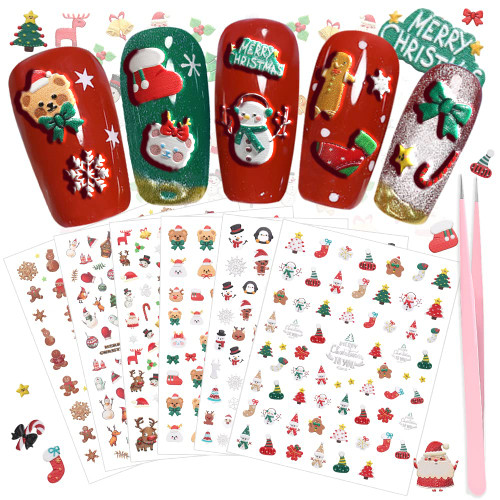 5D Embossed Christmas Nail Stickers, Nail Art Stickers Decals Stereoscopic Xmas Self-Adhesive DIY Nail Stickers, Star Santa Snowman Reindeer Snowflake Elk Bell Patterns for Holiday Nail Art Decoration