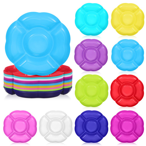 20 Pcs Veggie Tray Divided Serving Tray Sectional Round Plastic Appetizer Serving Tray 10 Inch 5 Section Plastic Food Tray for Party Chips and Dip Nut Candy Fruit Dish Platter 10 Color