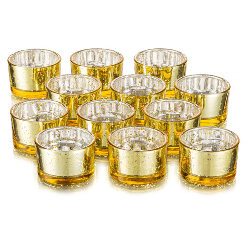 Romadedi Gold Votive Candle Holders, Set of 12 Tealight Candle Holder for Table Centerpiece, Wedding Decorations, Party & Home Decor, Small Mercury Glass Candle Holders Bulk