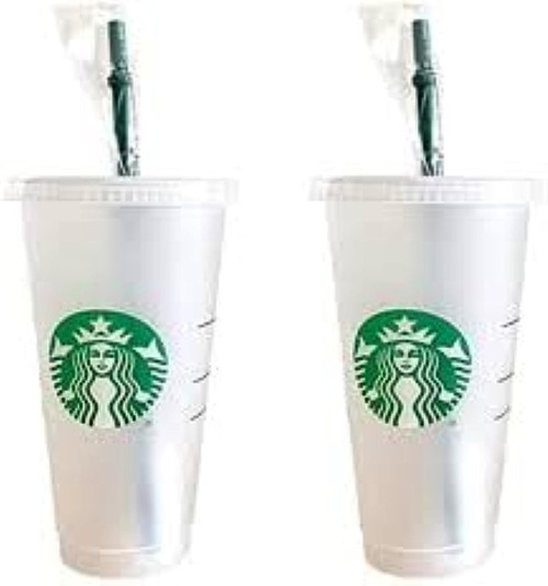 Starbucks 2 Pack Bundle - Reusable Frosted 24 oz Cold Cups with Lid and Green Straw w/ Stopper