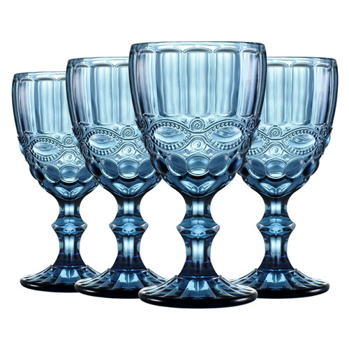 Wongblee Vintage Glass Goblets 10.8 Oz, Embossed Stemmed Wine Glasses, Colored Drinking Glasses for Water, Juice, Beverage, Set of 4 (Blue)