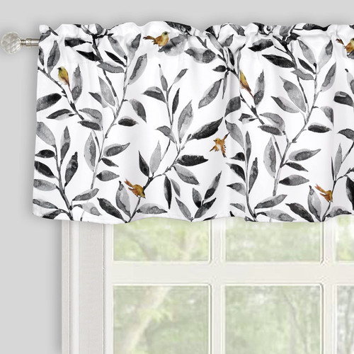 Inselnwald Gray Valances Curtains Floral Printed, Watercolor Leaves Birds Print Valance for Windows Rod Pocket Valance for Kitchen Bathroom Cafe Living Room 52 x 18 Inches, Gray