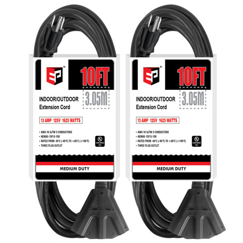 EP 2 Pack 10 Ft Outdoor Extension Cord with 3 Electrical Power Outlets - 16/3 SJTW Durable Black Cable with 3 Prong Grounded Plug