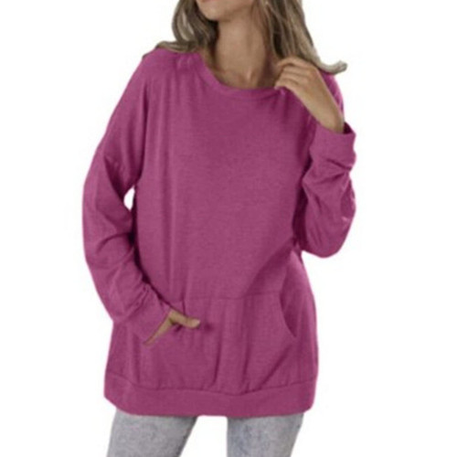 SaoJeYi-DG Women Long Sleeve Pocket Pullover Crew Neck Sweatshirts Casual Loose Tops Blouses Solid Shirt (Rose Red,3X-Large)