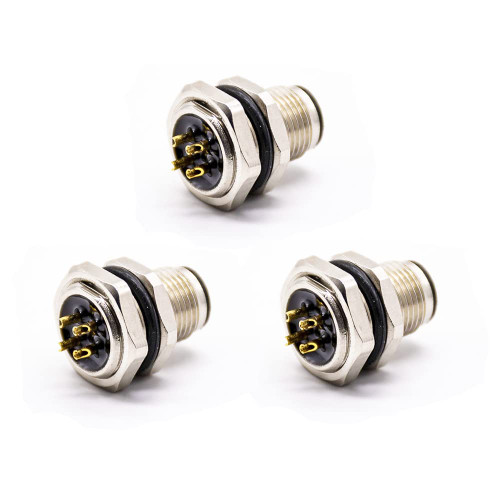 3 Pcs Connector M12 4 Pin A Code Male Shiled Blukhead Waterproof Panel Receptacles for Cable, Field Assembly Wireable Connector Straight Male Assemble Type