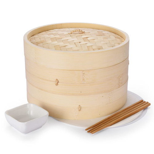 Vdomus Bamboo Steamer Basket - 10 inch Dumpling Steamer, Dim Sum & Bun Steamer with Chopsticks - Bao Bun Steaming Basket for Delicious Chinese or Asian Cuisine - Natural Wood, Brown, Round Shape Vdomus Bamboo Steamer Basket - 10 inch Dumpling Steamer, Dim Sum & Bun Steamer with Chopsticks - Bao Bun Steaming Basket for Delicious Chinese or Asian Cuisine - Natural Wood, Brown, Round Shape
