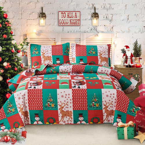 Christmas Quilt Set King Size Christmas Snowman Quilts Bedspread Rustic Plaid Patchwork Lodge Cabin Home Decor Quilt Holiday Xmas Bedding Lightweight Reversible Coverlet Set with 2 Pillow Shams