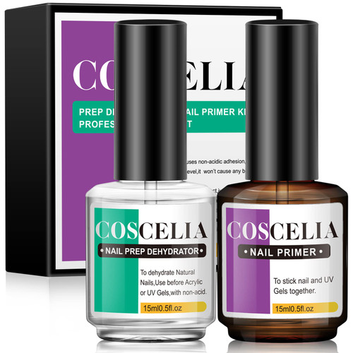 COSCELIA Nail Primer Nail Prep Dehydrate and Bond Primer Dehydrator for Acrylic and Gel Nail Polish Fast Air Dry Superior Bonding Primer for Acrylic Powder Nail Salon Starter Kit 15ML