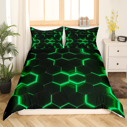 Honeycomb Bedding Duvet Cover Full Size,Geometry Hexagon Theme with Green Neon Lights Comforter Cover,Boys Teen Man Chic Home Bedding Quilt Cover 3Pcs with 2 Pillowcases,Black