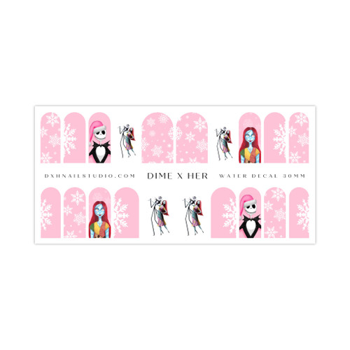 Pink Christmas Santa Jack Skellington Nightmare Before Christmas Nail Decals Jack & Sally Pink Snowflake Nail Art Fun Holiday Christmas Water Transfer Nail Wraps (30MM Shorty)