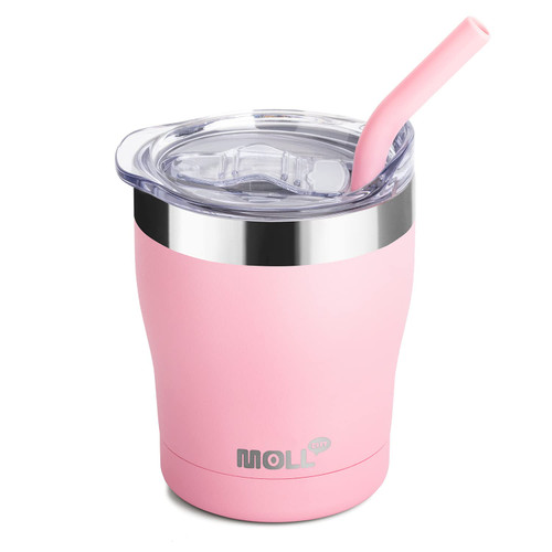 Mollcity Kids Tumbler with Straw-9 oz Stainless Steel Double Wall Vacuum Insulated Tumbler Cup with Leak-Proof Lid, Sweat-Free (Pink)