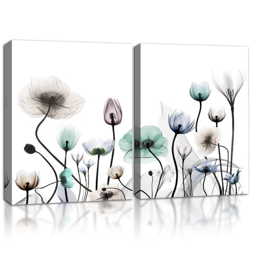 Colorful Flowers Picture Teal Blue Tan Grey Floral Elegant Painting Canvas Print Abstract Modern Wall Art for Living Room Bedroom Bathroom SPA Home Wall Decor 12" x16" x 2 PCS Framed Art