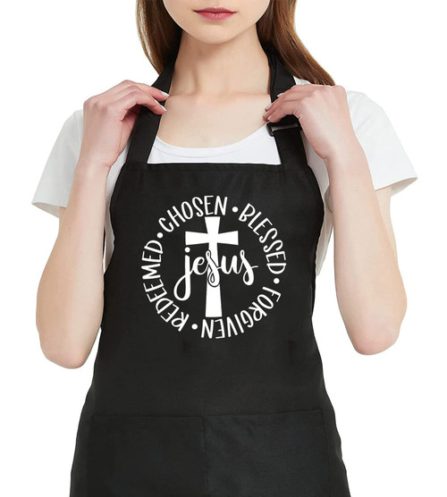 GXVUIS Jesus Apron for Women with 2 Pockets Christian Cross Waterproof Adjustable Bib Apron for Kitchen Cooking BBQ Grilling Black