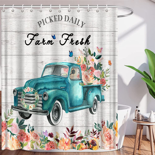 VPUPCN Rustic Truck Flower Shower Curtain Farm Fresh Watercolor Floral Teal Blue Farmhouse Truck Vintage Wooden Board Spring Country Polyester Curtains Bathroom Decor with Hooks 70wX70h Inch