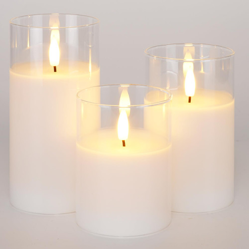 Homemory Clear Glass Flameless Candles, Pure White Wax Battery Operated Candles, LED Pillar Candles with Remote Control and Timers, D3 H4 5" 6", Set of 3 Homemory Clear Glass Flameless Candles, Pure White Wax Battery Operated Candles, LED Pillar Candles with Remote Control and Timers, D3 H4 5" 6", Set of 3