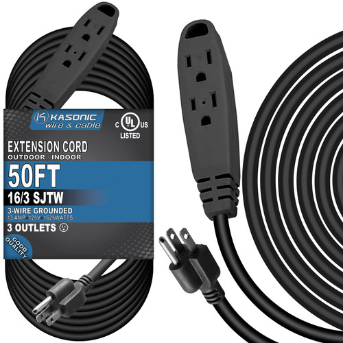 50-Feet 3 Outlet Extension Cord, Kasonic UL Listed, 16/3 SJTW 3-Wire Grounded, 13 Amp 125 V 1625 Watts, Multi-Outlet Indoor/Outdoor Use, Black