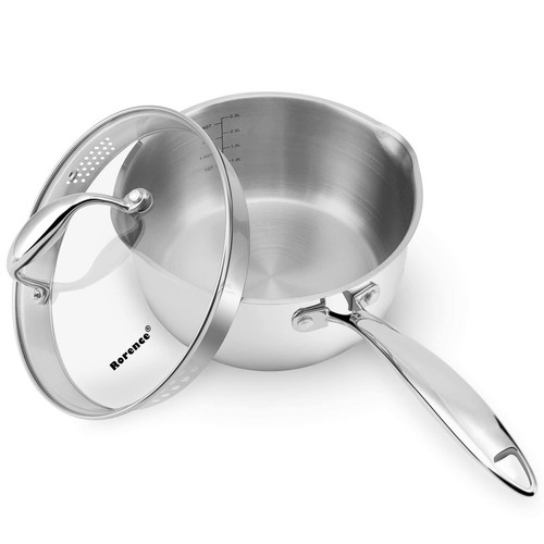Rorence 3-Quart Saucepan with Lid: Pour and Strain Stainless Steel Sauce Pan with Pour Spouts, Capsule Bottom & Tempered Glass Lid