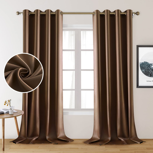 HOMEIDEAS 2 Panels Faux Silk Curtains Chocolate Blackout Curtains for Nursery 52 X 108 Inch Room Darkening Satin Curtains for Bedroom, Thermal Insulated Blackout Window/Indoor Curtains for Living Room
