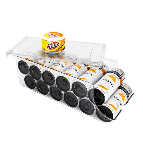 SCAVATA Skinny Can Organizer for Refrigerator, Tall Skinny Soda Pop Can Container Holder Dispenser with Lid for Fridge Pantry Rack Freezer, Clear Plastic Storage Bins-Holds 12 Slim Skinny Cans