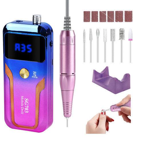 Portable Nail Drill Professional 35000 RPM, Rechargeable Electric Nail File Machine E File for Acrylic Nails Gel Polishing Removing, Cordless Efile with Bits Kit for Manicure Salon Home, Blue & Purple