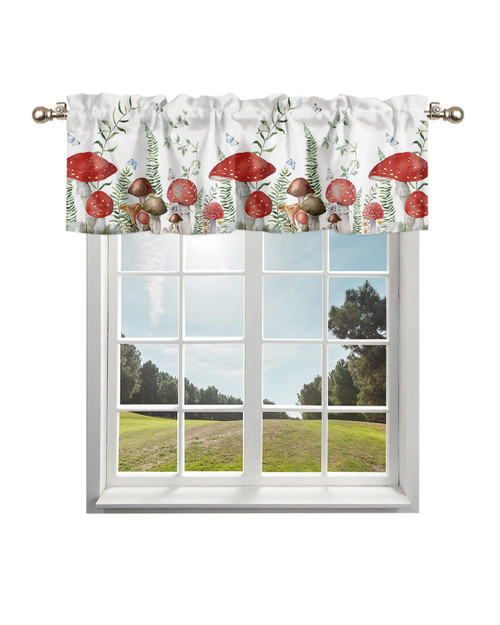 Kewadony Kitchen Curtains Valances, Red Mushroom Rod Pocket Valances for Windows, Green Plant Wildflower Butterfly White Short Window Valances for Living Room/Bedroom, 54 x 18 Inch