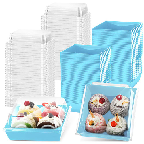 100 Pack Charcuterie Boxes with Clear Lids 5 Inch Cookie Boxes Disposable Cake Boxes Paper Dessert Boxes Square Cookie Containers for Sandwich, Slice Cake, Hot Cocoa Bombs, Strawberries (Blue)