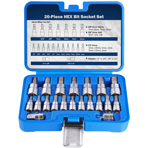 UYECOVE Hex Bit Socket Set, S2 Alloy Steel | 20-Piece Allen Socket Set 3/8 Drive SAE and Metric 3mm-10mm 1/8''-3/8'' | Enhanced Storage Case