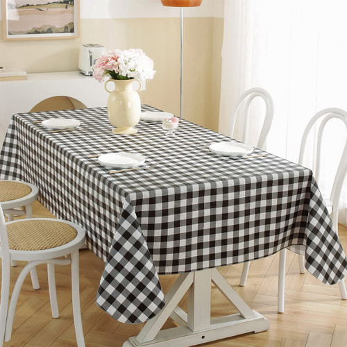 Buffalo Plaid Vinyl Tablecloth with Flannel Backing Rectangle 60 x 84 Inch, Waterproof & Oil Proof Checkered Tablecloth, Plastic Table Cover for Dining, Party, Indoor, Outdoor, Black and White
