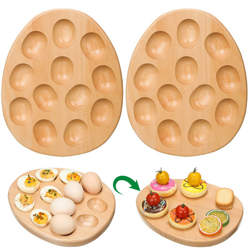 2 Pcs 12 Holes Reversible Wood Deviled Egg Platter and Charcuterie Board Thicken Size Egg Holder Countertop Refrigerator Egg Containers for Deviled Egg Charcuterie Board Cheese Serving Platter