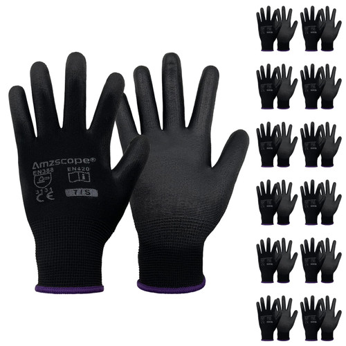 amzscope Work Gloves-12 Pairs Bulk Pack,for Men and Women,with PU Coating Grip,Lightweight Gardening Gloves,Thin Mechanic Gloves,Seamless Safety Working Gloves for Light Duty Work (Black,L)