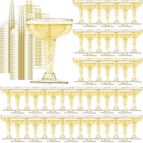 Tessco 100 Pack Plastic Champagne Glasses Plastic Coupe Glasses Cocktail Martini Glasses Disposable 4.5 Oz Plastic Champagne Coupe Stackable Champagne Cups for Wedding Parties (Gold Glitter)