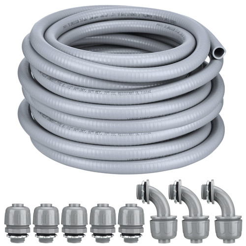 Electrical Conduit and Connector Kit Flexible Liquid Tight Electrical Conduit Non Metallic Electrical Conduit with 5 Straight and 3 Angle Fittings Included (3/4 Inch 25 Ft)